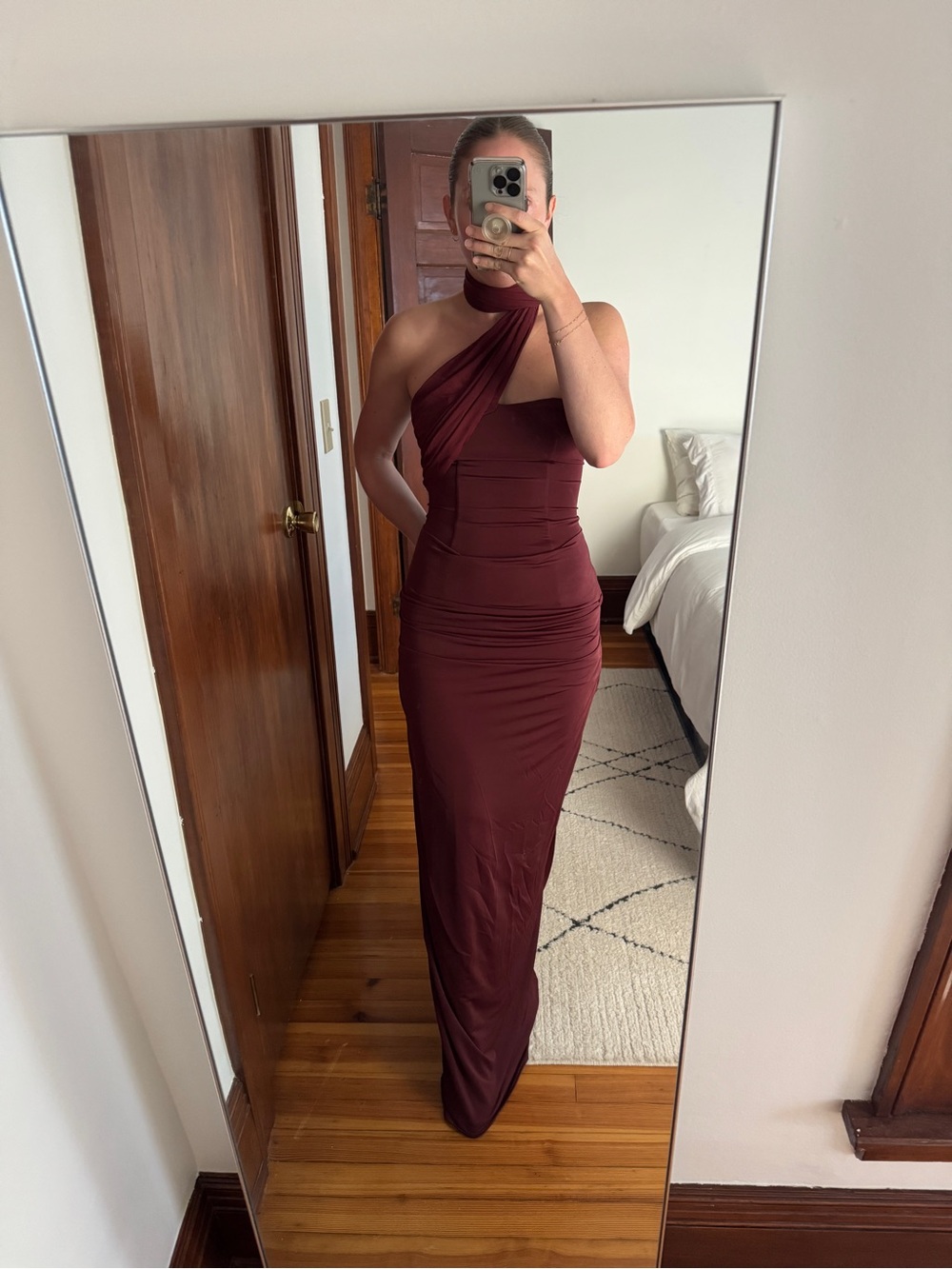 Meshki One-Shoulder Burgundy Evening Dress